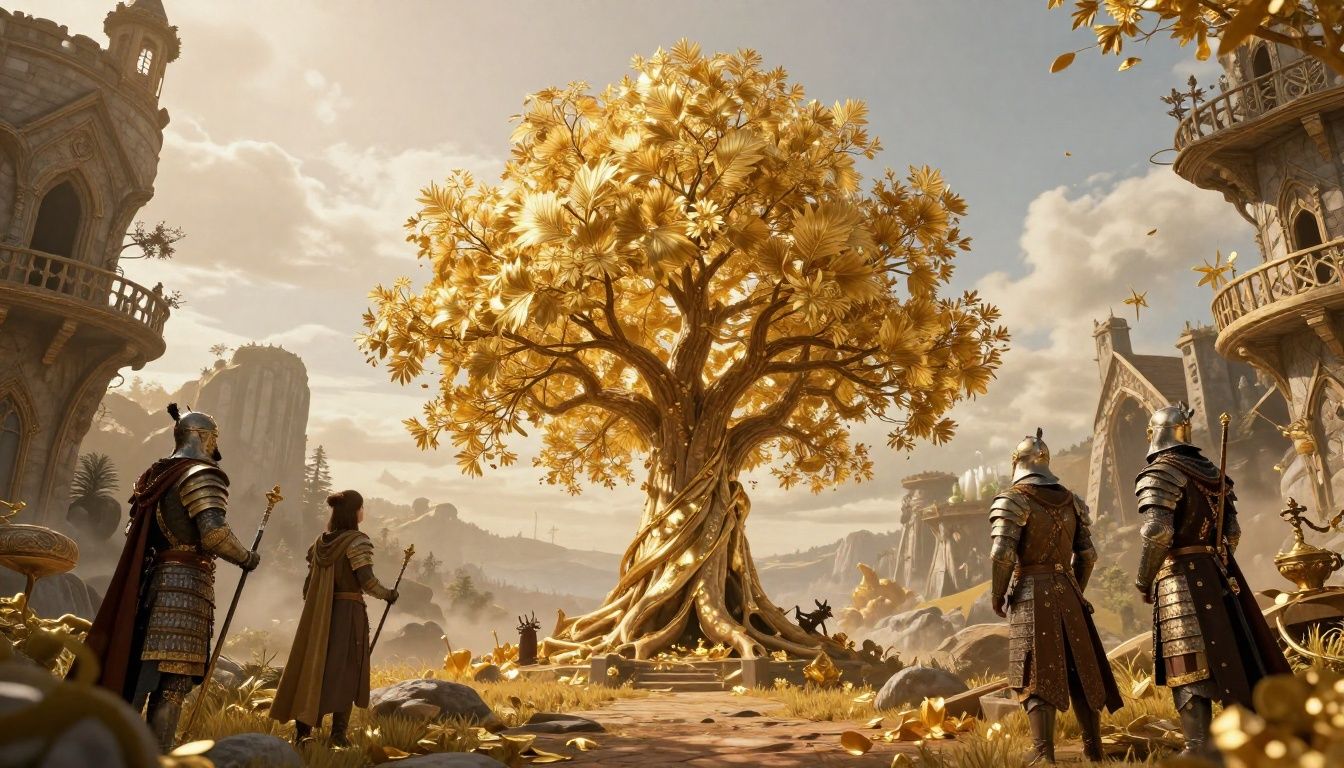 Um guerreiro de armadura detalhada contemplando uma majestosa rvore brilhante dourada em um vasto mundo de fantasia medieval sob o pr do sol