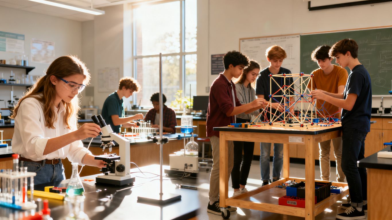 Students actively learning through hands-on exercises in a bright classroom.