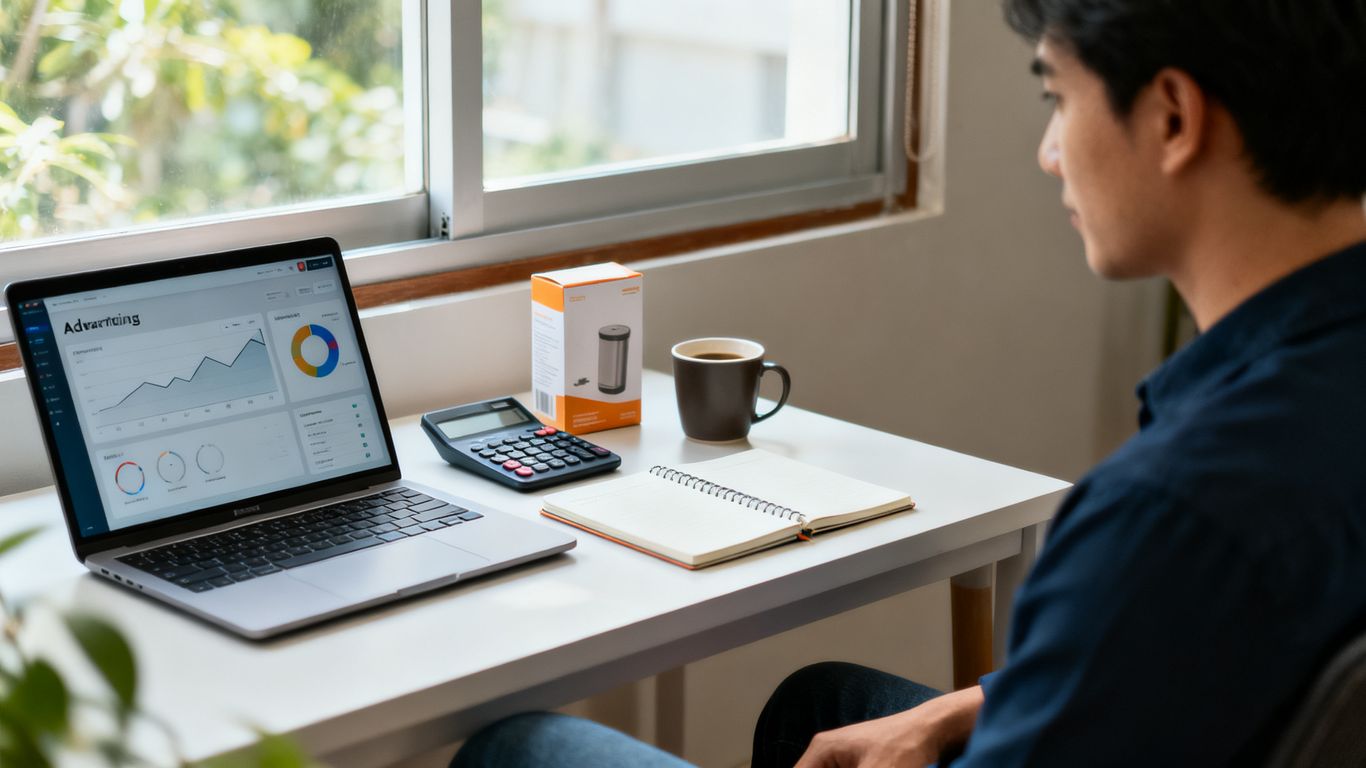 Amazon advertising dashboard on laptop beside launch planning notes