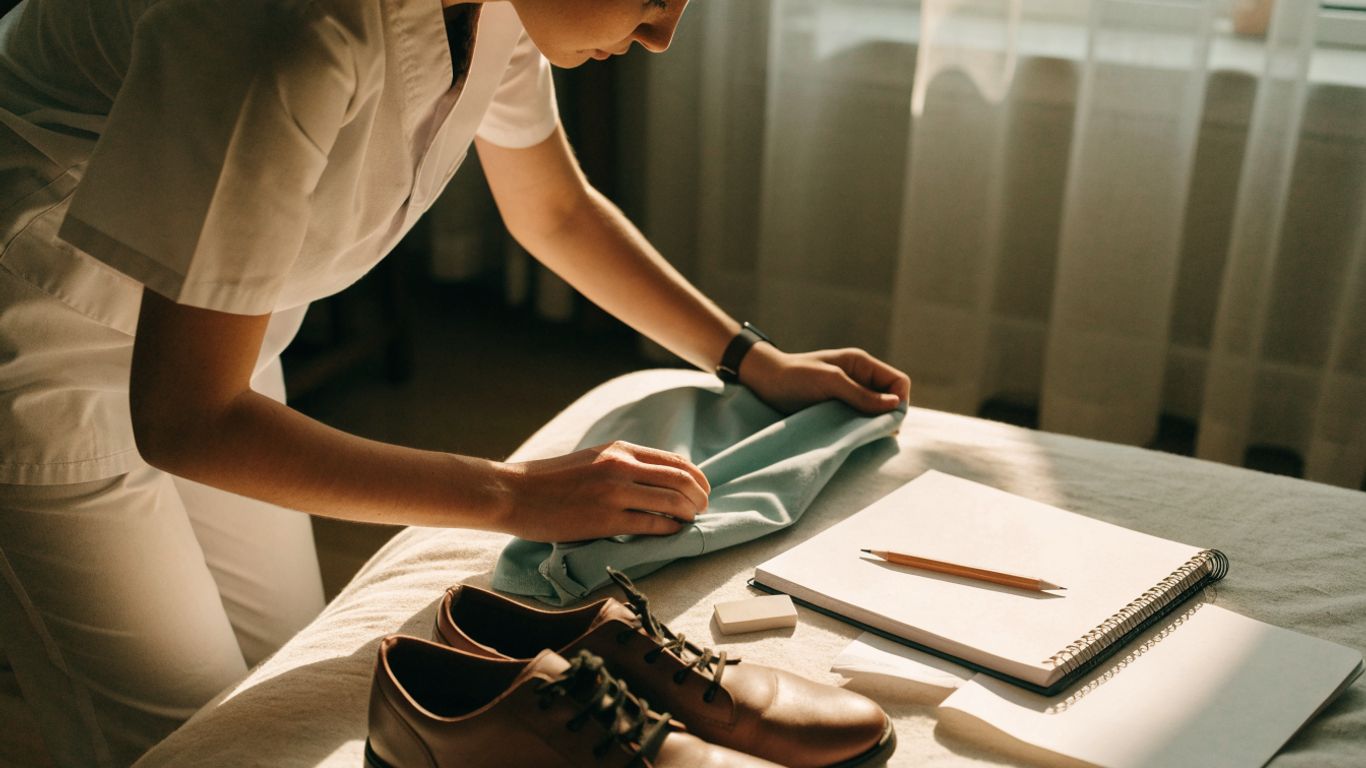 Nurse aide student preparing uniform and study materials