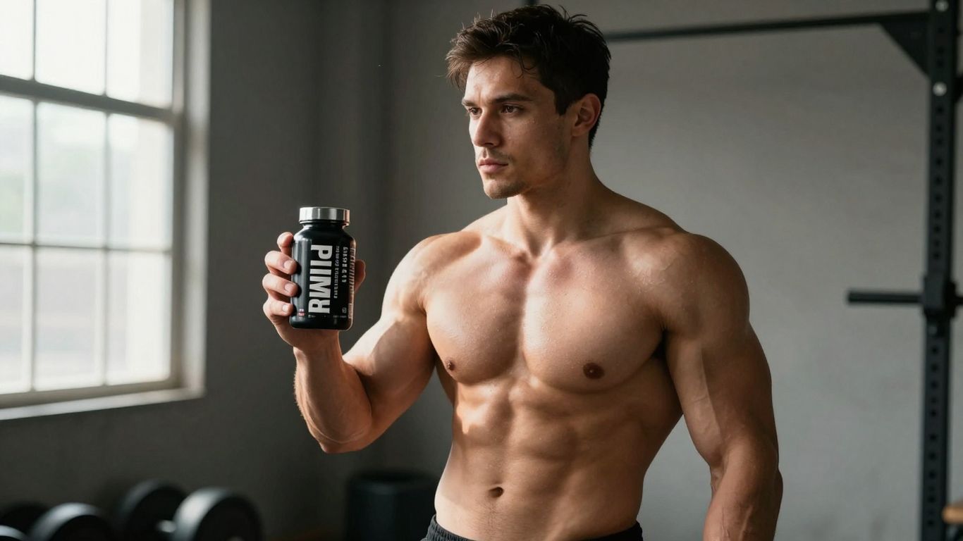 Man holding Prime Labs testosterone booster in a gym.