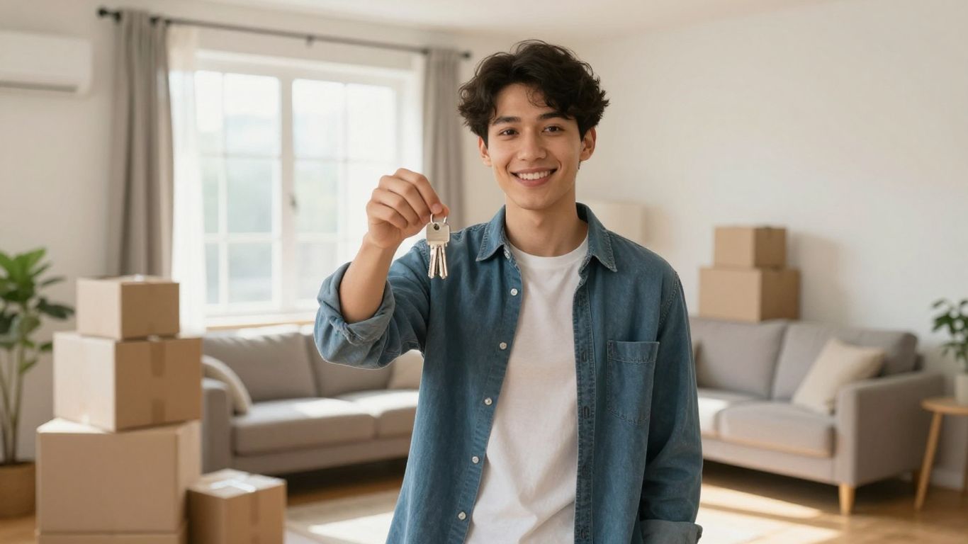Persona sonriente con llaves en un apartamento nuevo.