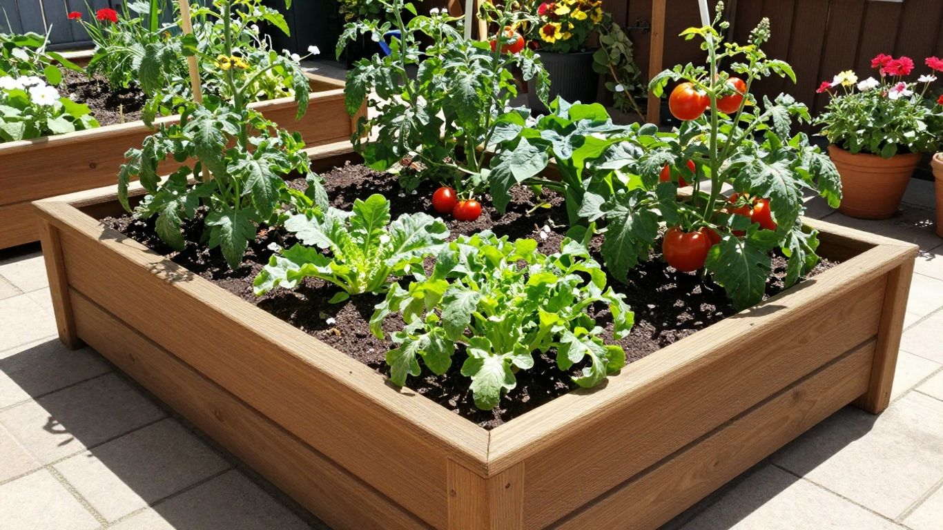 Hochbeet mit Gemüse und Blumen im Sonnenschein