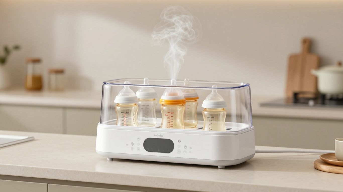 Baby bottle sterilizer on a kitchen counter.