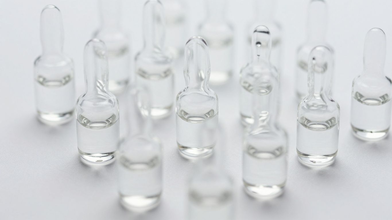 Vials of research peptides on a white surface.