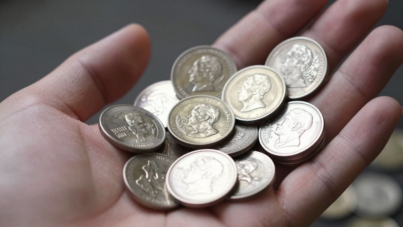 Main d'une personne tenant des pièces et des lingots d'argent.