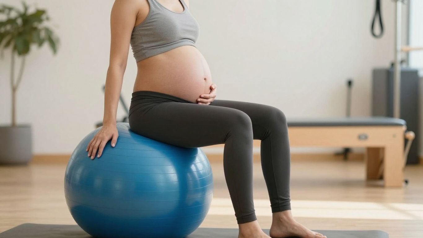 Mujer embarazada sentada en una pelota de pilates.