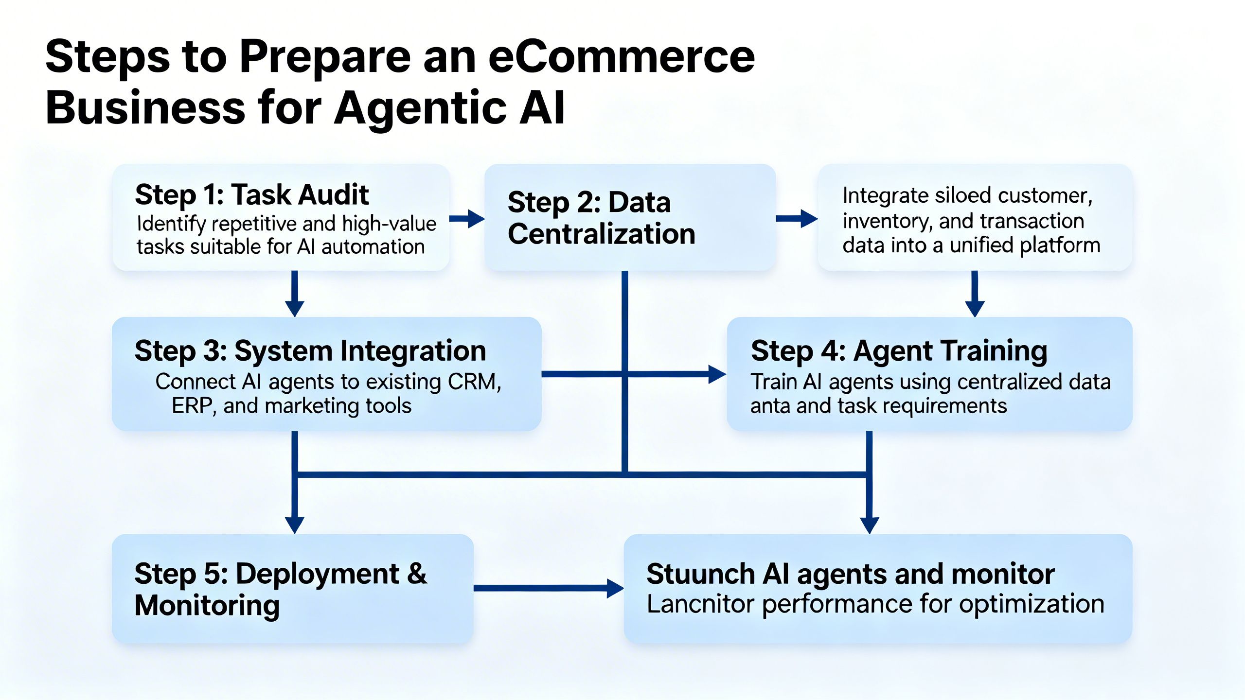A flowchart illustrating the steps to prepare an eCommerce business for agentic AI, starting with task audits and data centralization