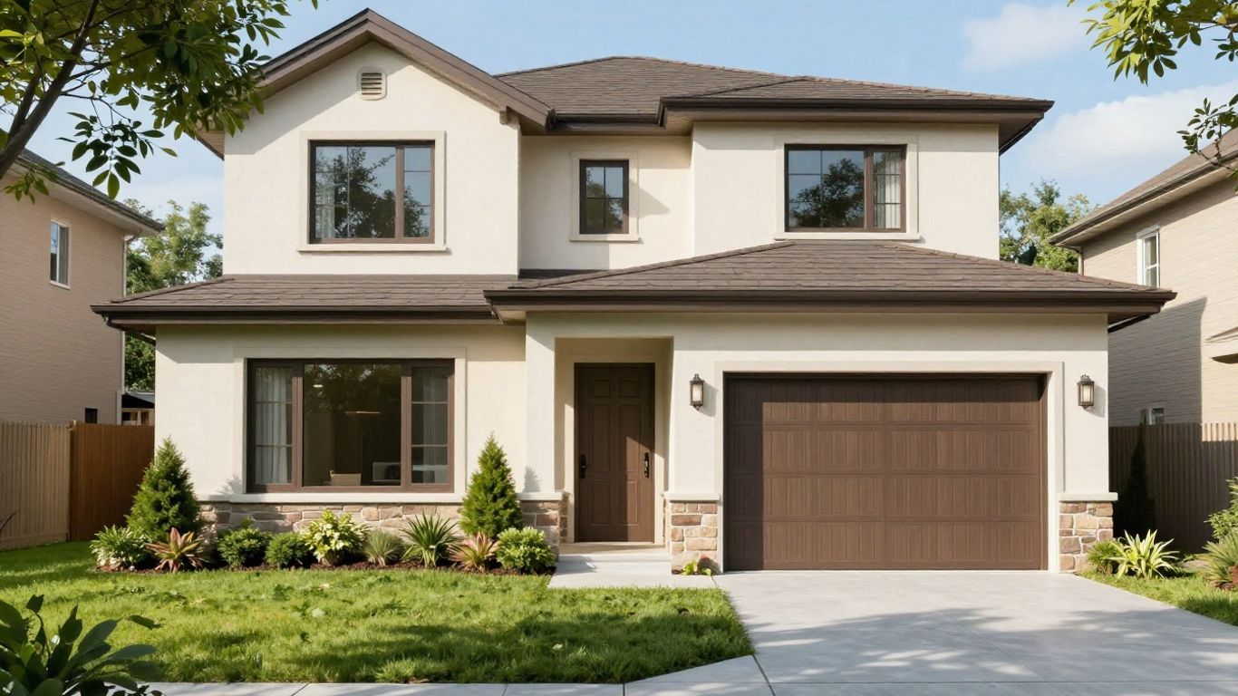 Casa moderna protegida con jardín verde y puerta segura.