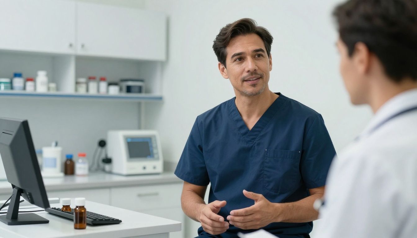 Realistic premium men’s health scene showing a diverse confident man in his 40s speaking with a provider in an upscale clinic beside a modern lab workstation, conveying cellular energy, recovery, and healthy aging; natural lighting, professional setting, no logos, no text.