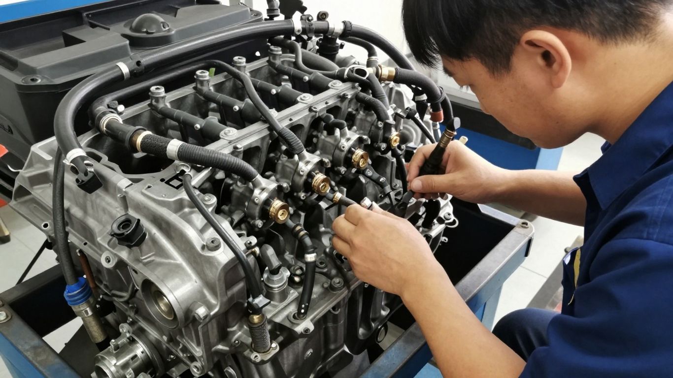 Mechanic inspecting a used Skoda engine