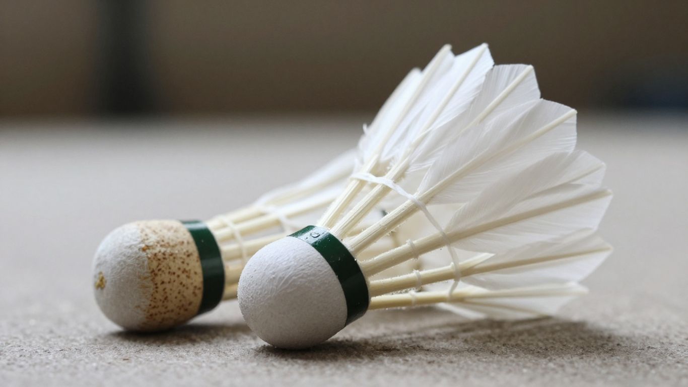 Close-up photo of a feathered badminton shuttlecock.