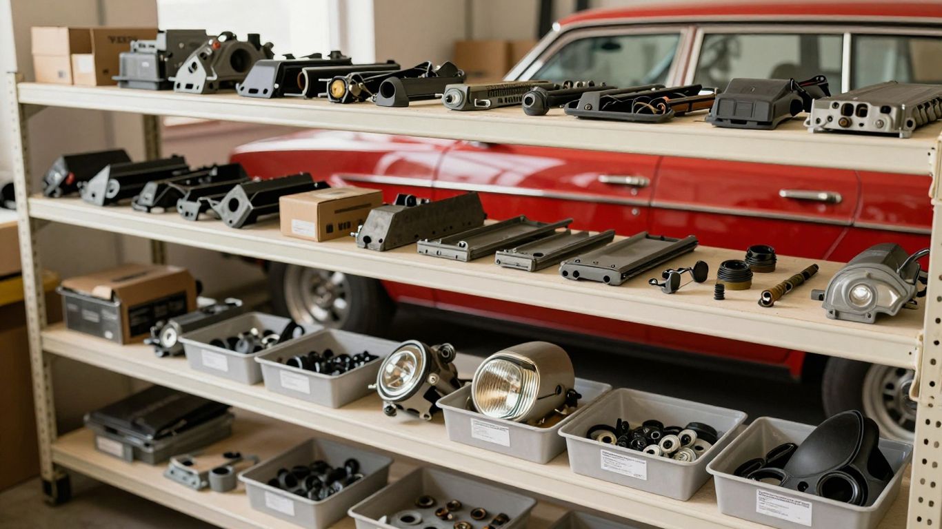 Shelves of labeled Volvo 240 replacement parts