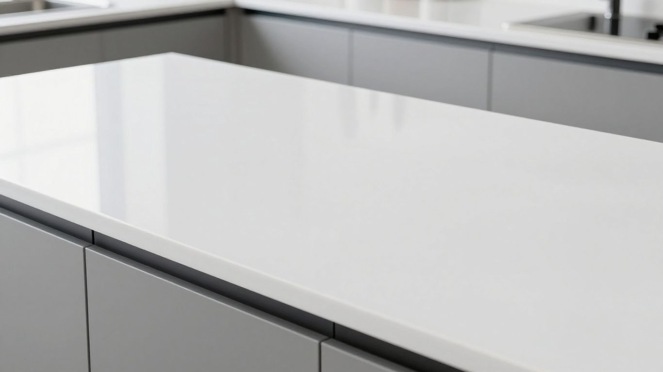 Sleek white gloss kitchen worktop reflecting light.