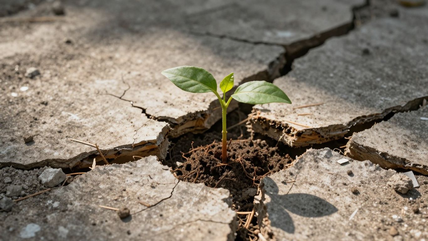 Cracked house foundation with a small plant growing through.