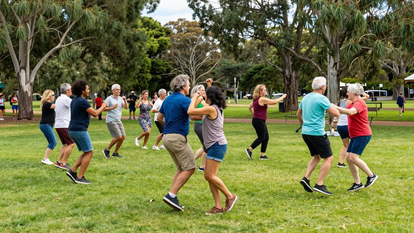 Aussies dancing joyfully in a sunny park.