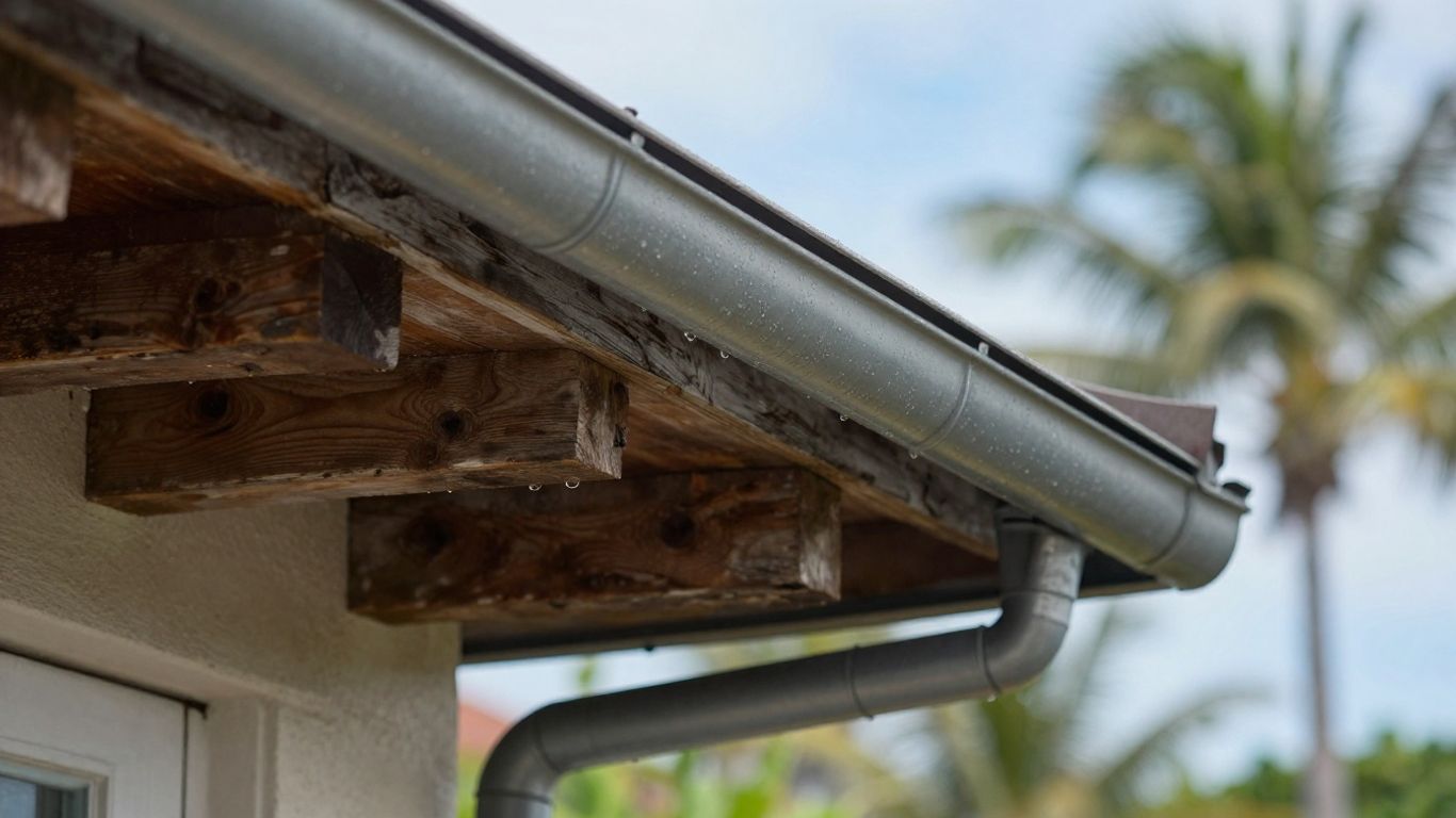Coastal home fascia and gutters with visible moisture.