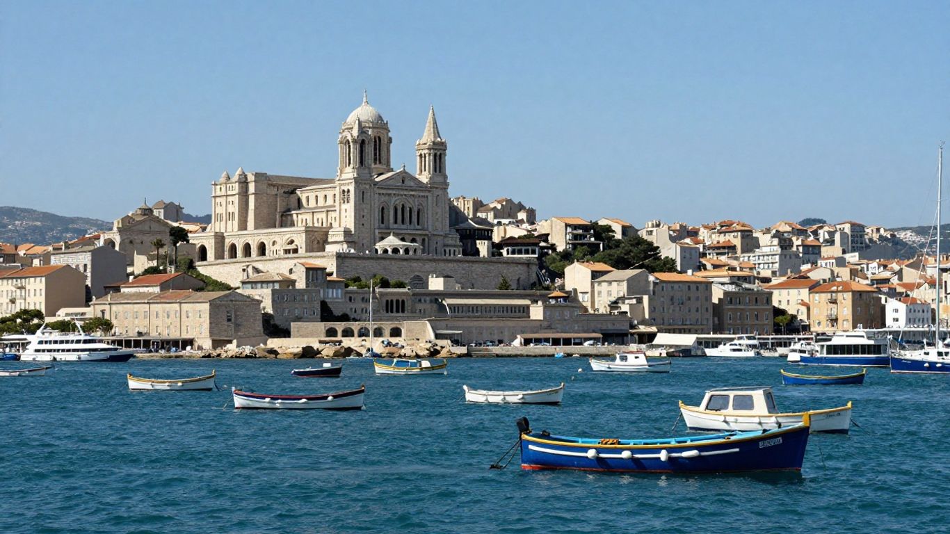 Basilique Notre-Dame de la Garde surplombant le port de Marseille.
