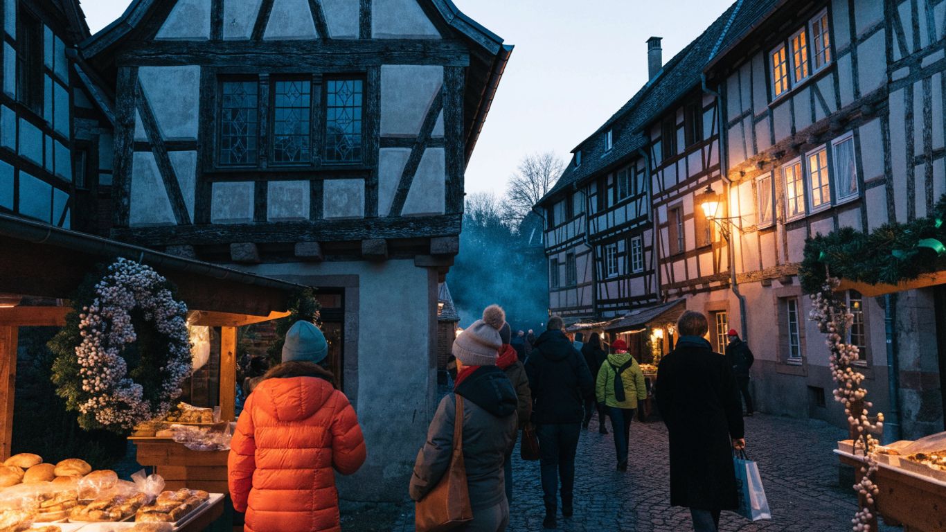 Alsace Christmas market stalls at twilight