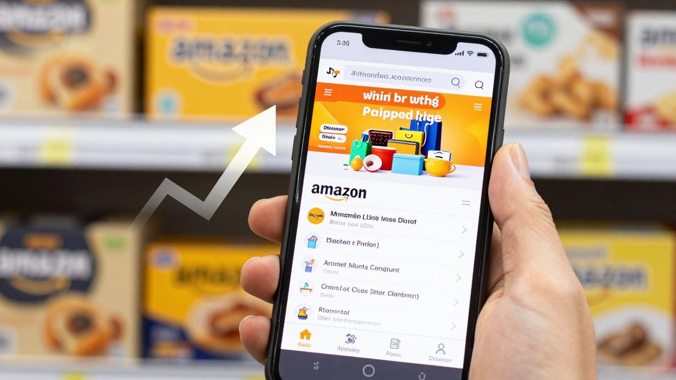 Amazon ACOS reduction guide with product listing and growth arrow.