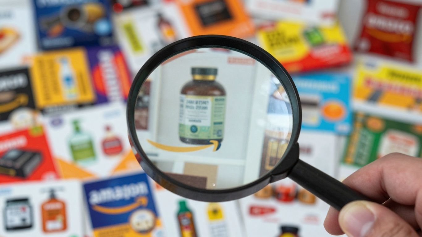 Magnifying glass over Amazon product icons in a marketplace.