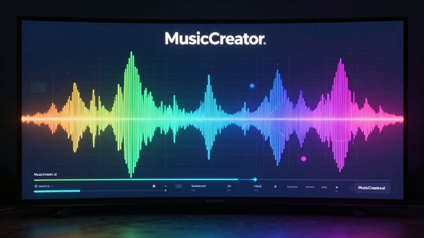 MusicCreator.ai interface with colorful waveforms and visualizers.