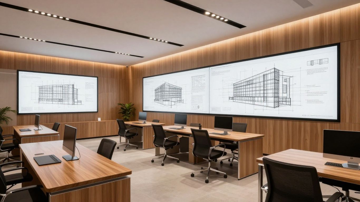 Modern office space featuring professional digital displays