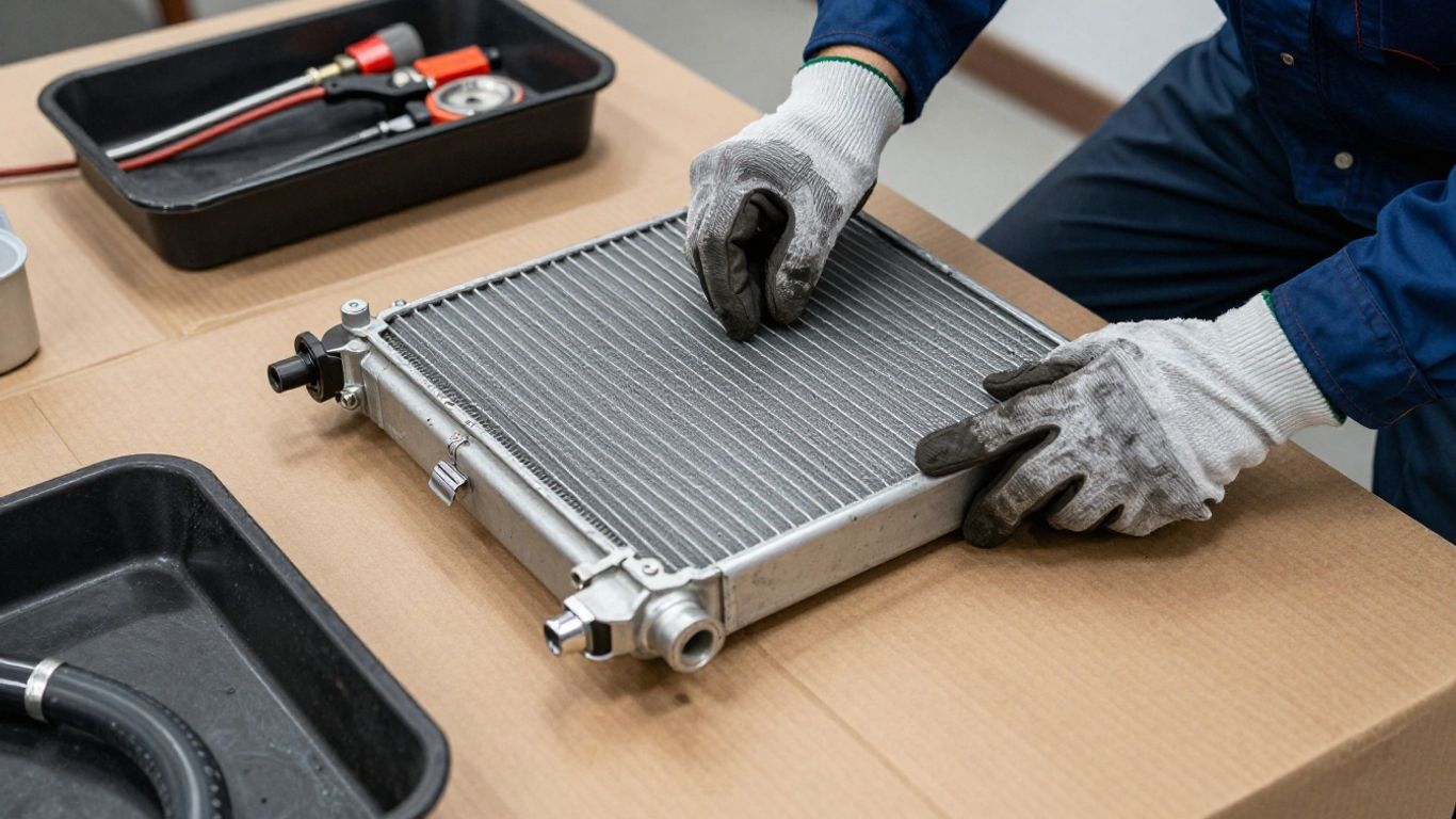 Used radiator inspection and packing workspace