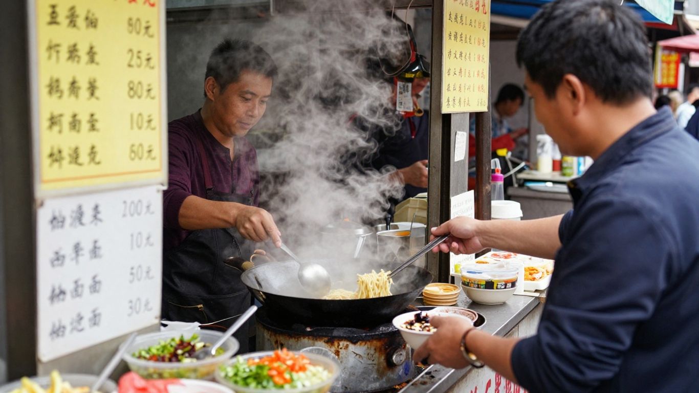 Traveler ordering noodles at Chinese market