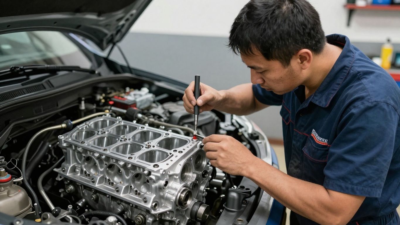 A technician inspecting a used engine block