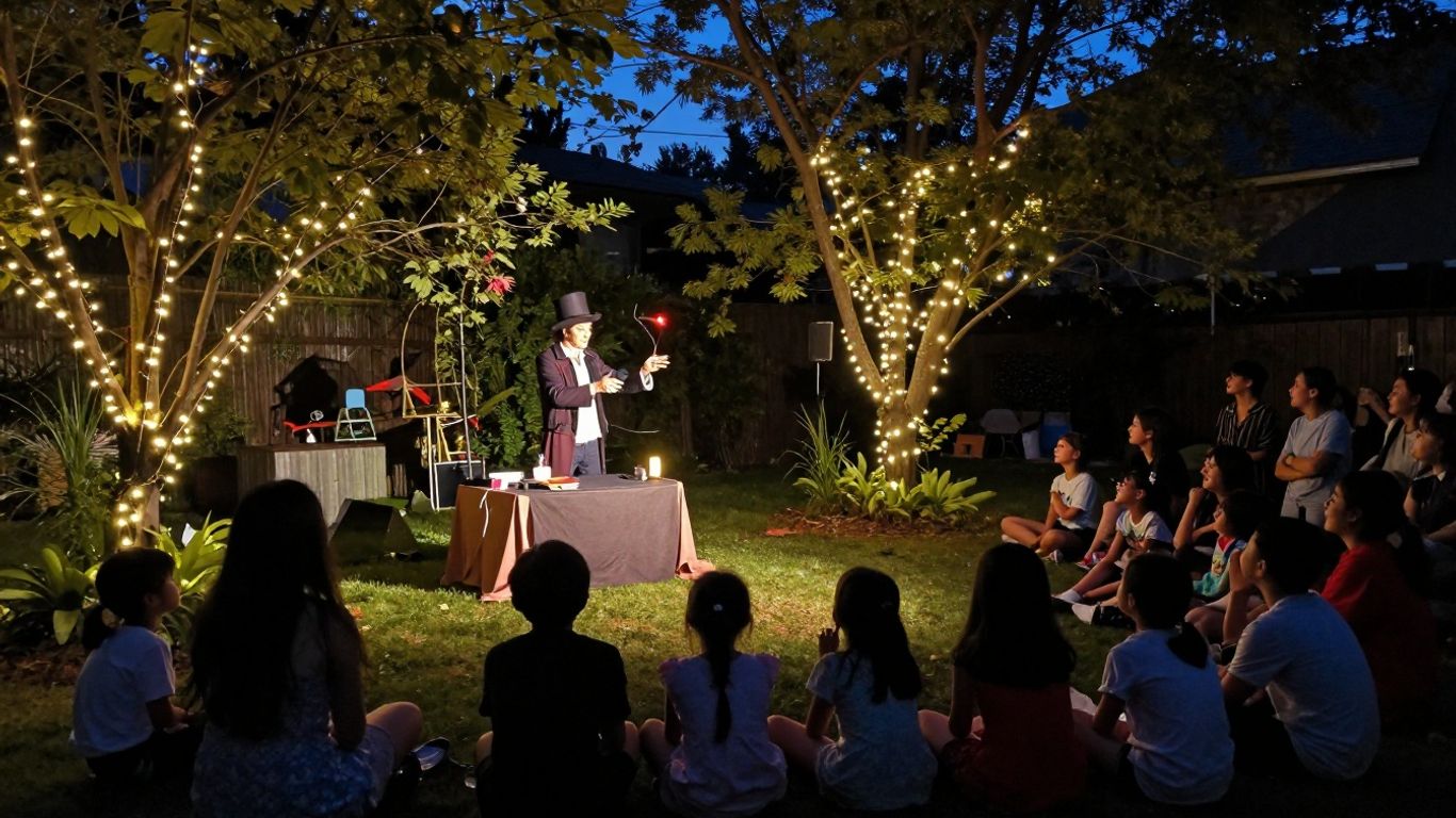 Magician performing tricks in a backyard at night.