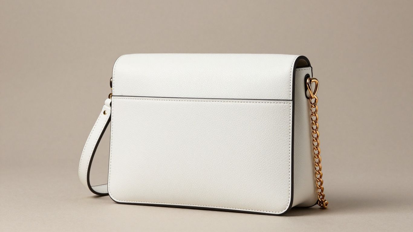 White leather crossbody bag with gold chain strap.