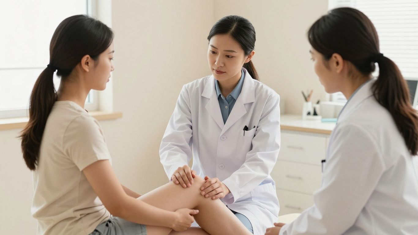 Avaliação médica cuidadosa das pernas femininas