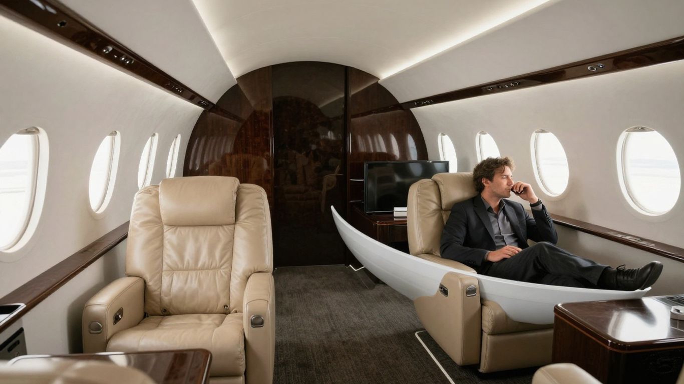 Luxurious private jet interior with comfortable seating and natural light.