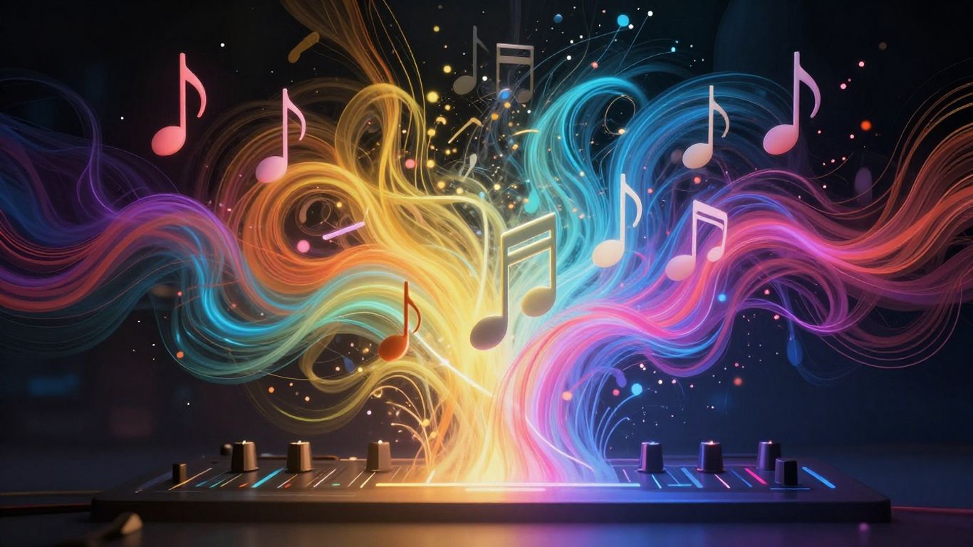 Abstract music visualization with glowing sound waves.