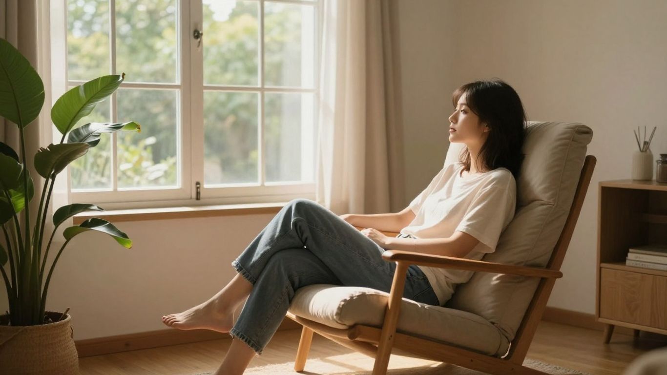 Sonnendurchflutetes Zimmer mit entspannter Person am Fenster.