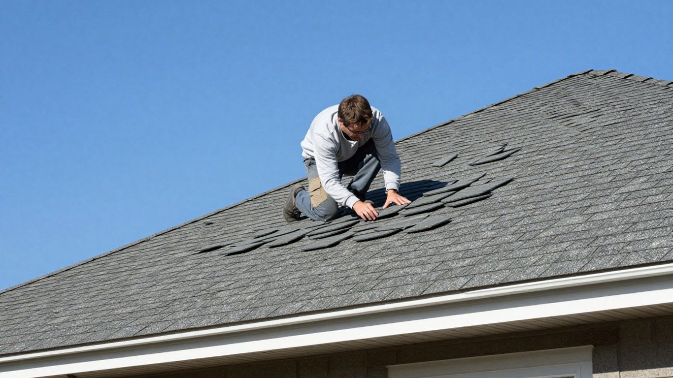 Homeowner inspecting roof shingles for damage.