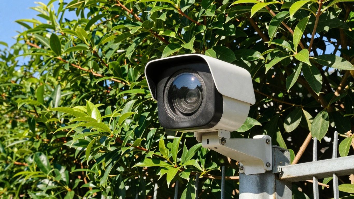 Solar-powered security camera on a fence post.