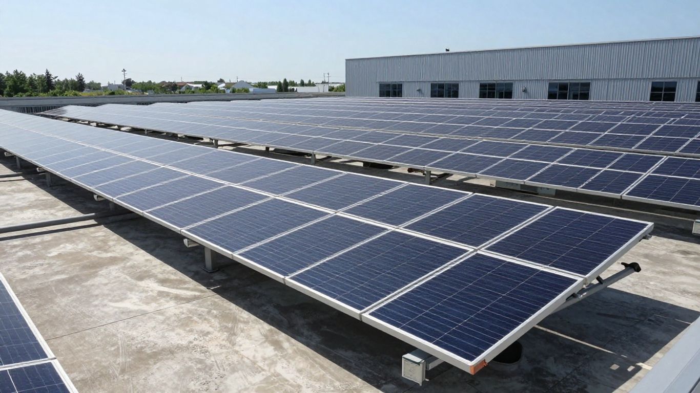 Tesla solar panels on a large rooftop.