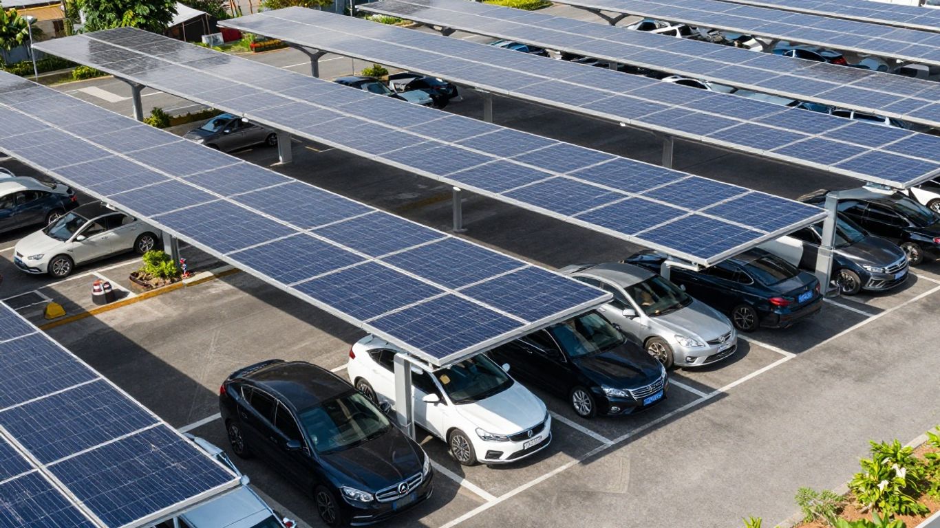 Ombrières solaires couvrant un parking avec des voitures.