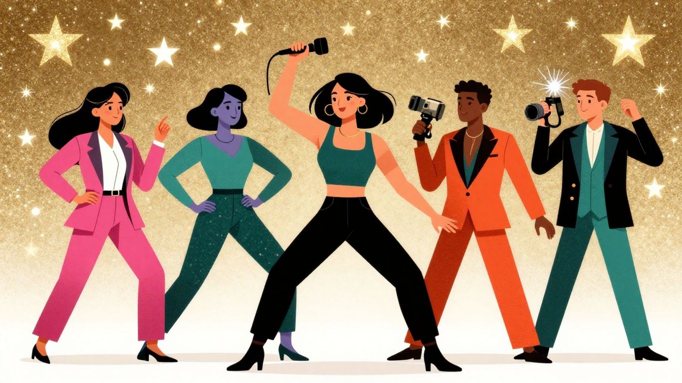 Celebrity news and gossip illustration with stars and flashes.