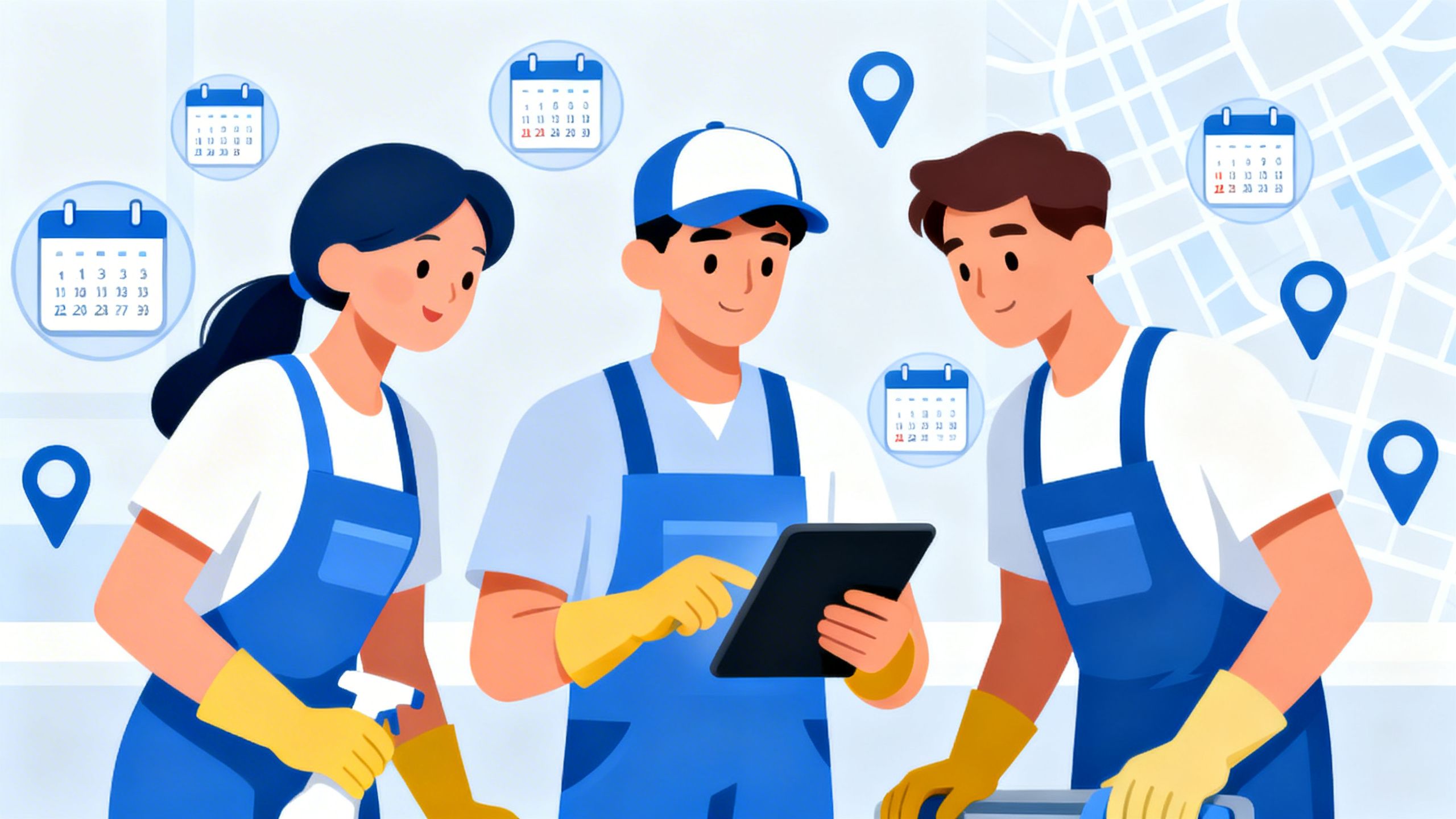 A team of cleaning professionals coordinating their schedules on a tablet, with abstract calendar and map icons floating around them.