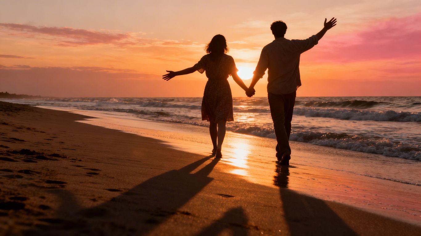 Couple walking on beach, hands reaching outwards.