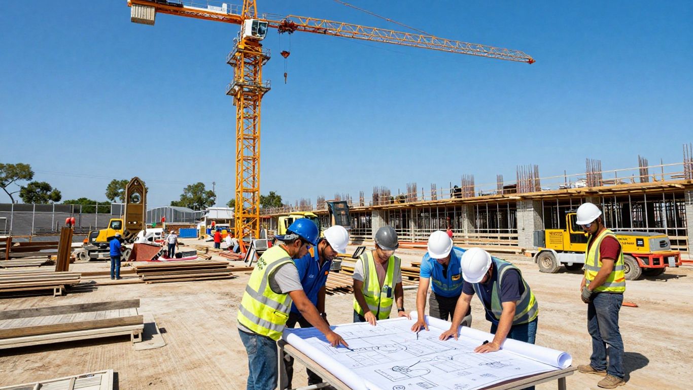 Utility capital project construction site with cranes and workers.