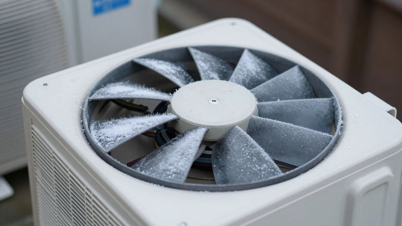 Frozen air conditioner unit with ice on fan blades.