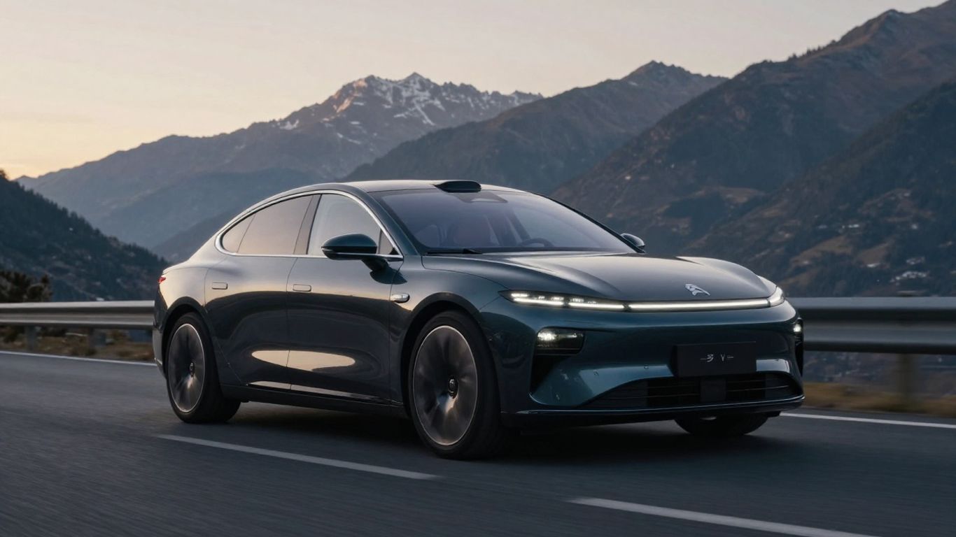 Elegante Elektro-Limousine auf freier Alpenstraße
