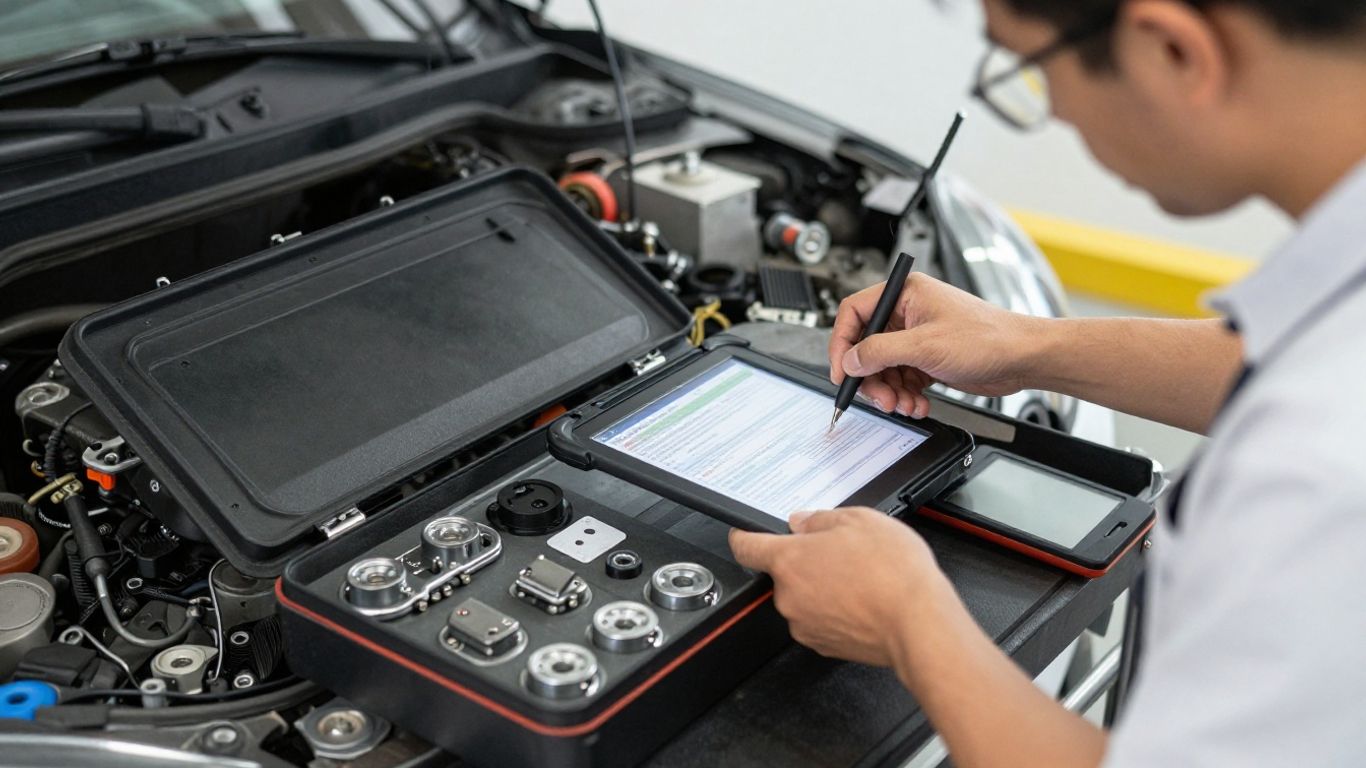 Mechanic checking vehicle details beside parts