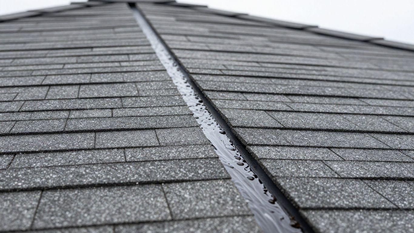 Close-up of a clean roof valley with neat shingles.