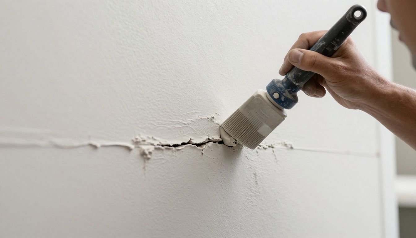 A close-up view of a professional technician applying stucco repair mortar to a small hairline crack on a residential home exterior.