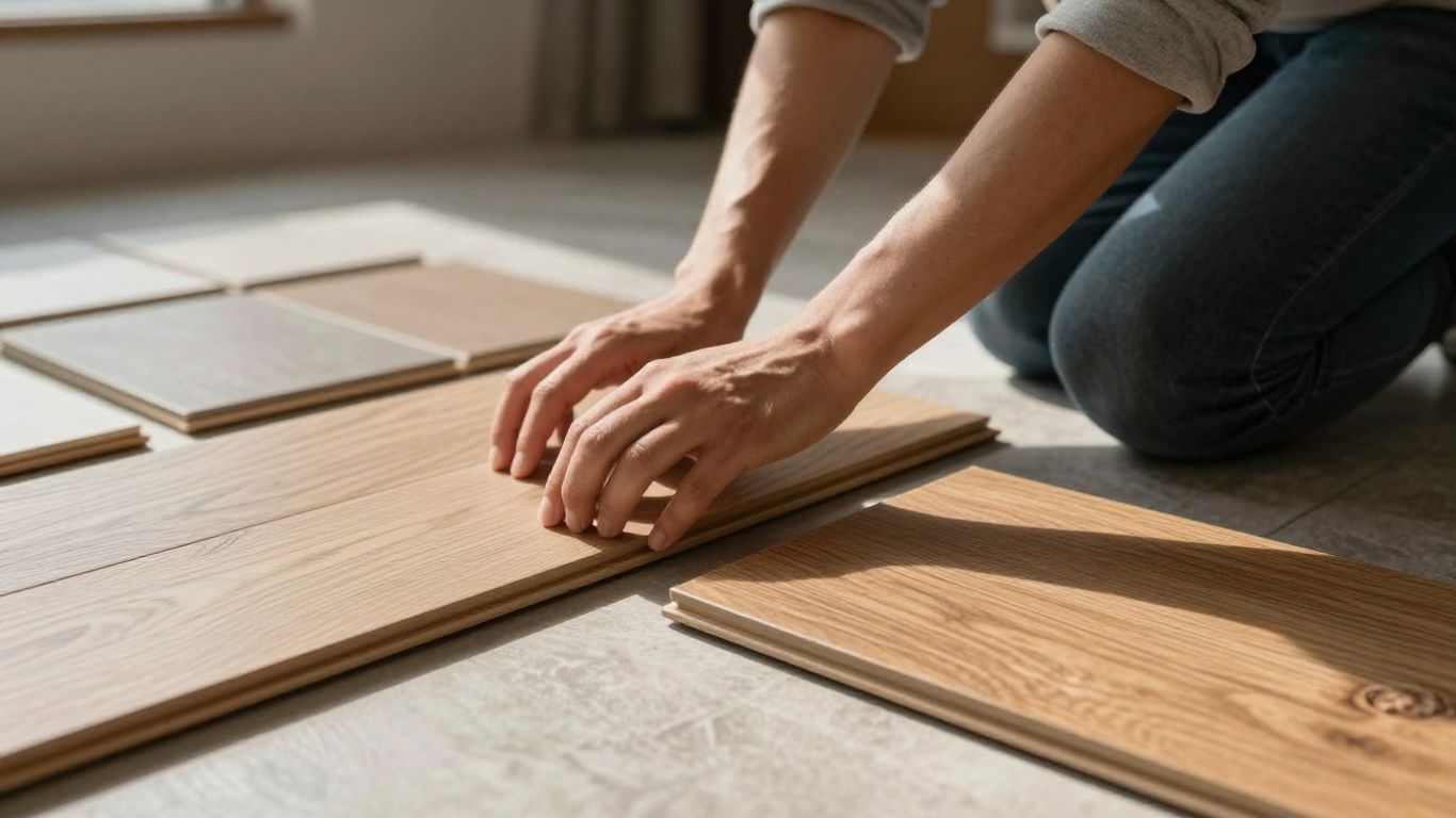 Flooring samples and homeowner examining materials.